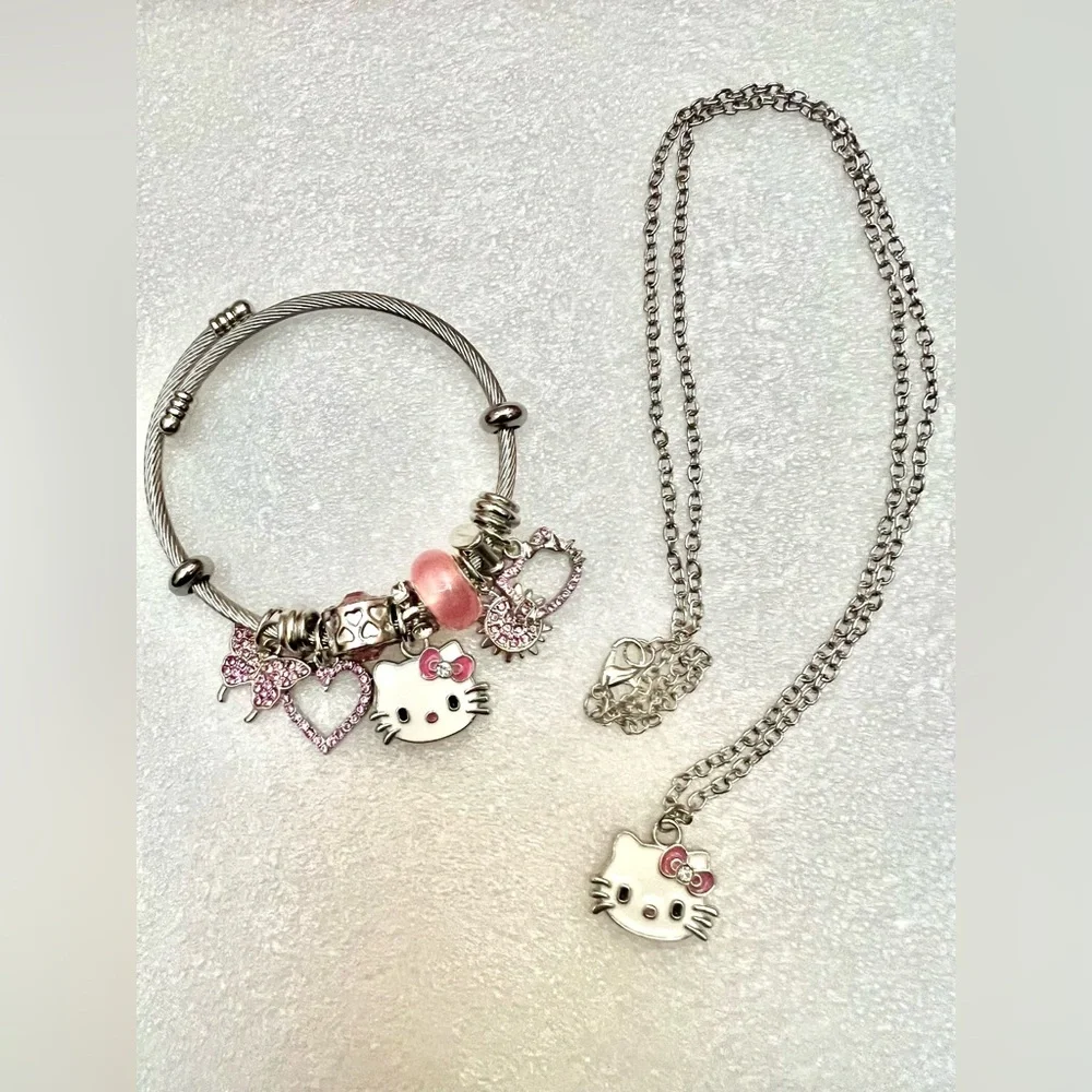 Hello Kitty Pink and Silver Charm Bracelet and Necklace Jewelry Set NIB